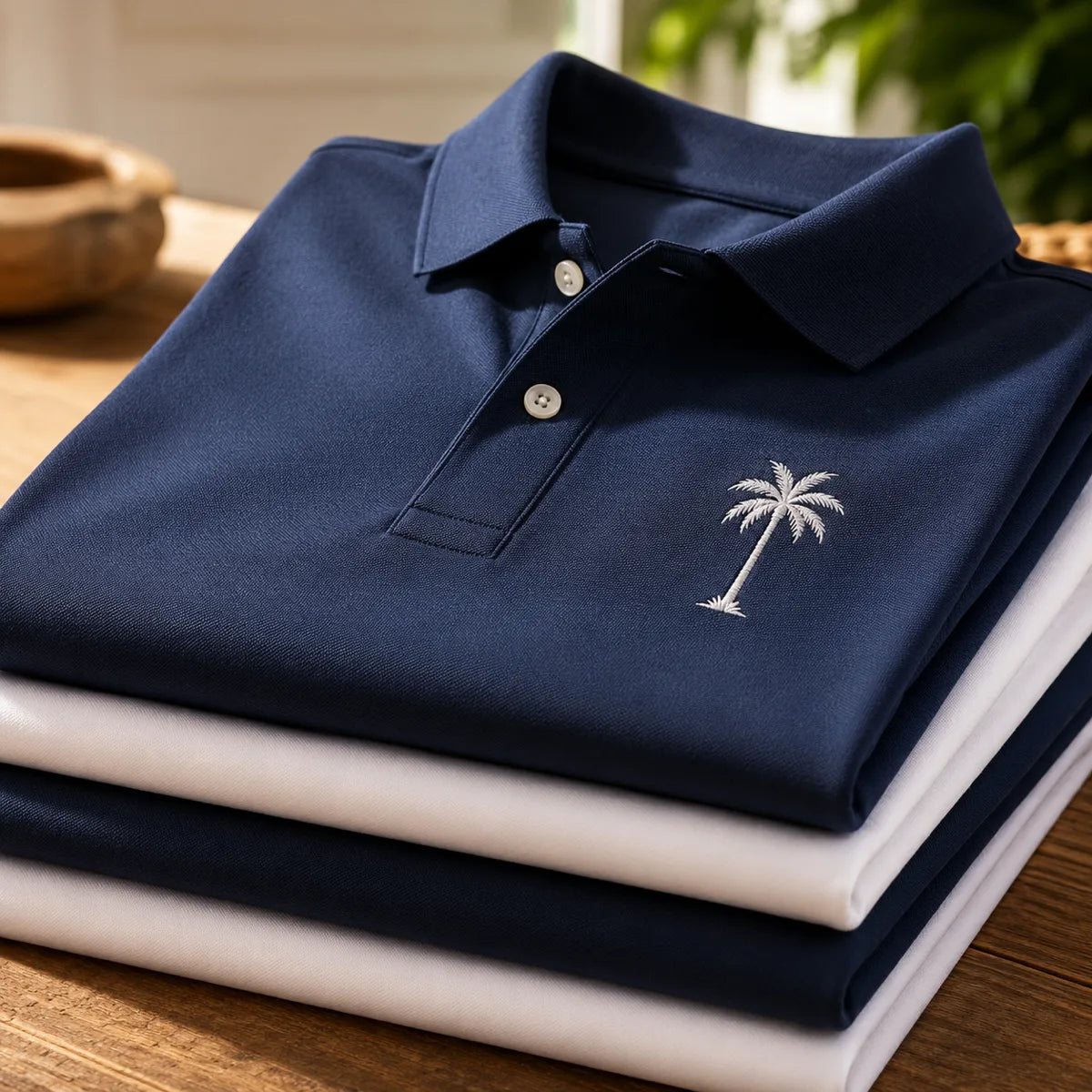 Polos azul marino y blanco con bordado de palma
