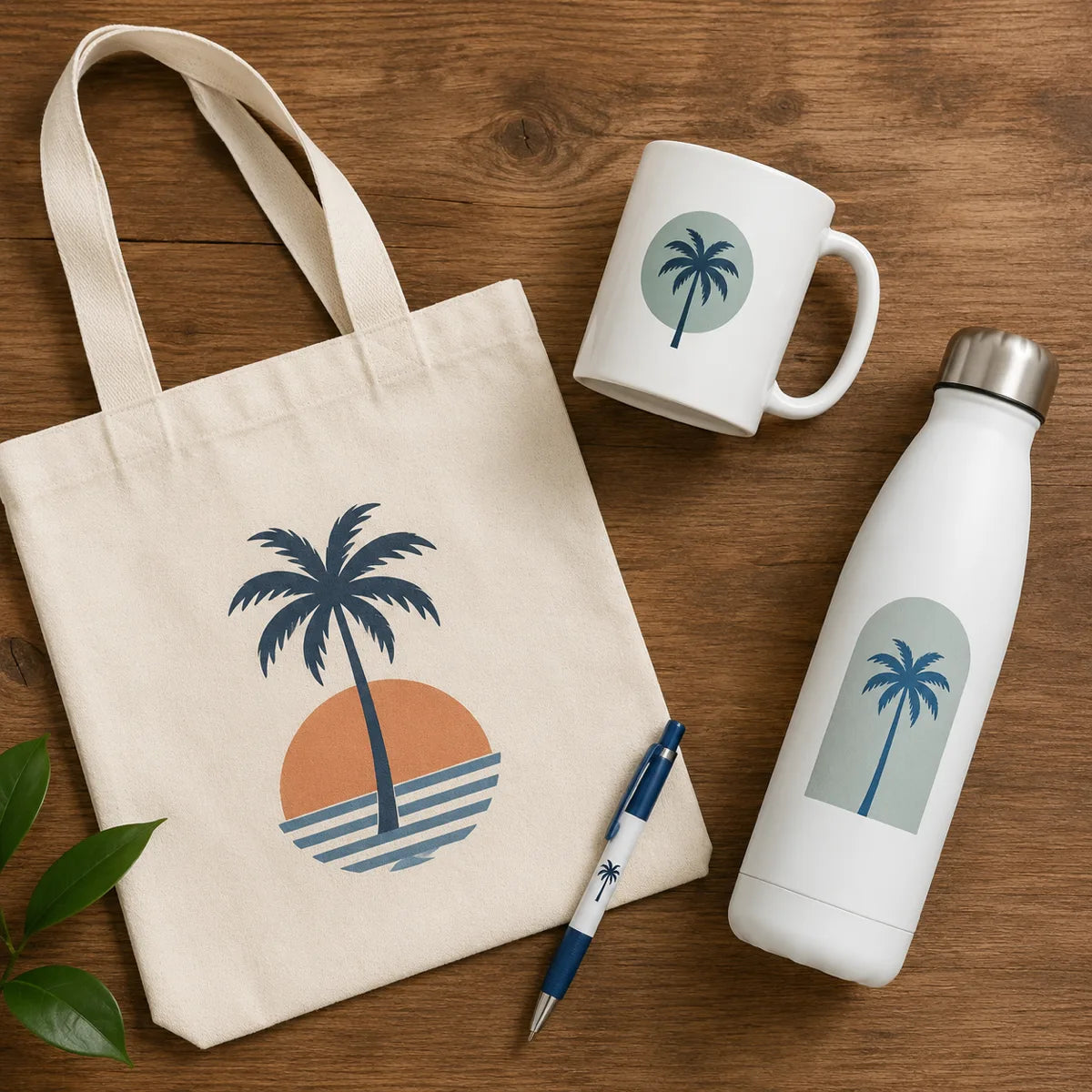 Bolsa, taza, botella y bolígrafo personalizados con diseño de palma