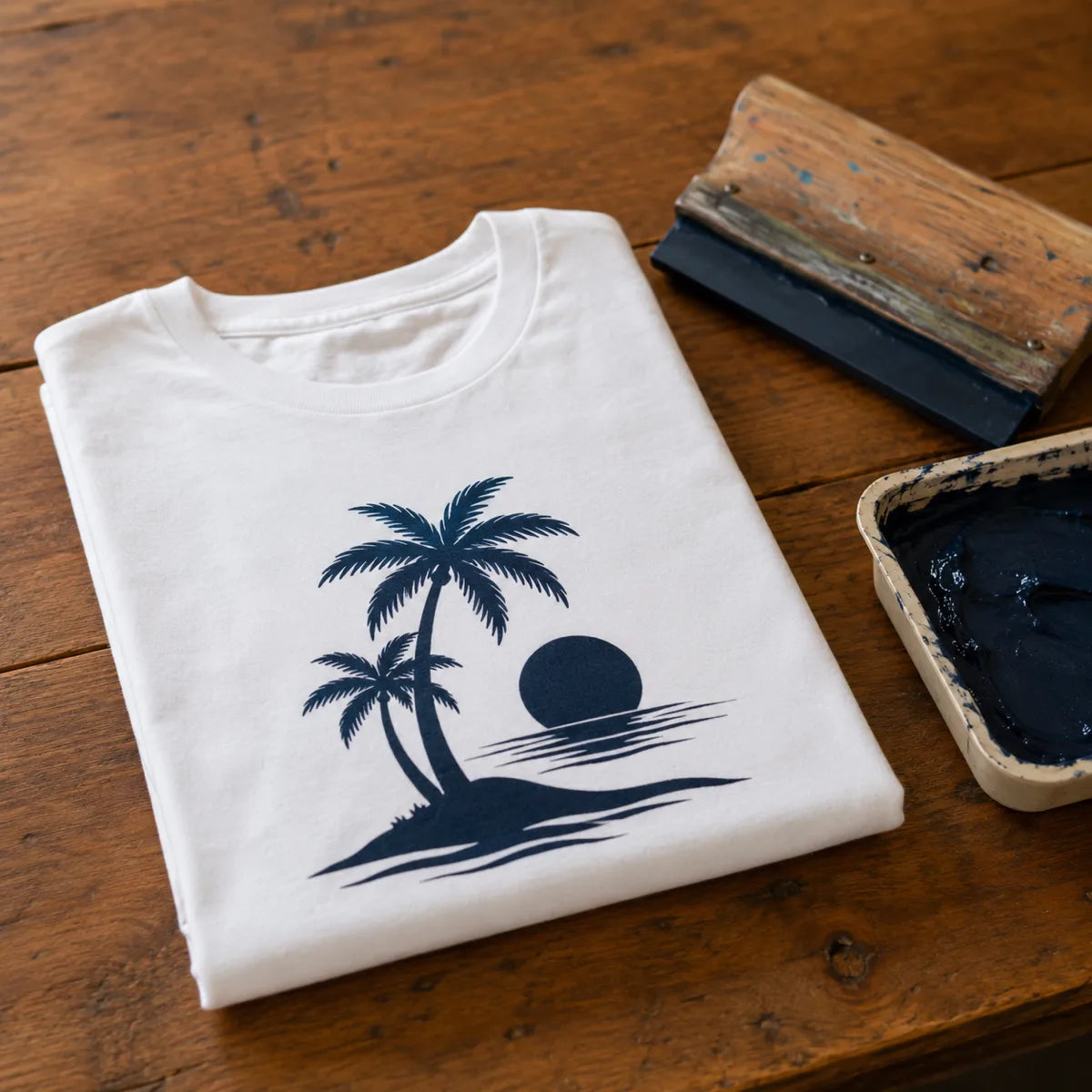 Camiseta blanca con diseño serigrafiado de palma