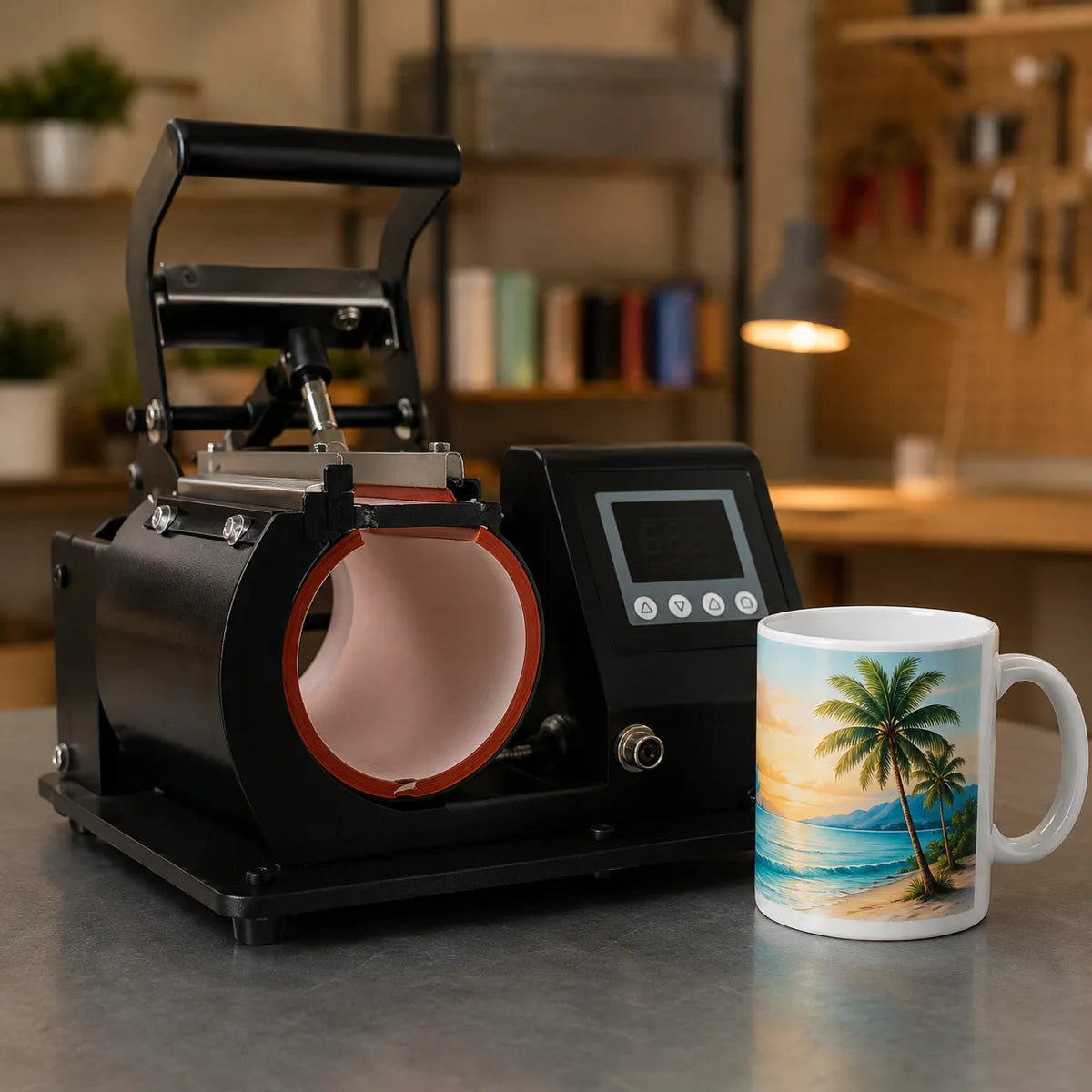 Taza personalizada por sublimación junto a prensa térmica